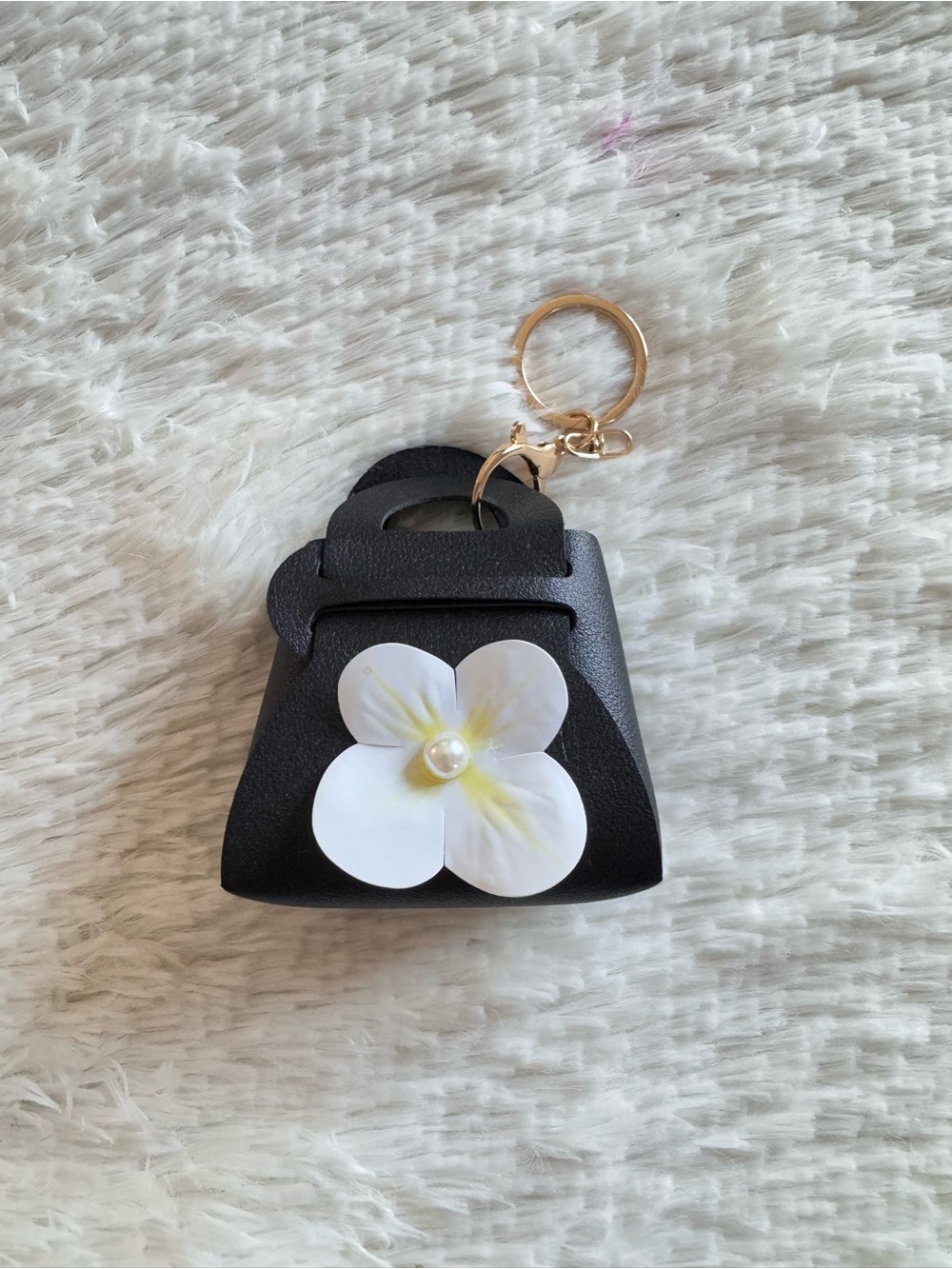 Black Mini Bag Keychain with White Flower Accent